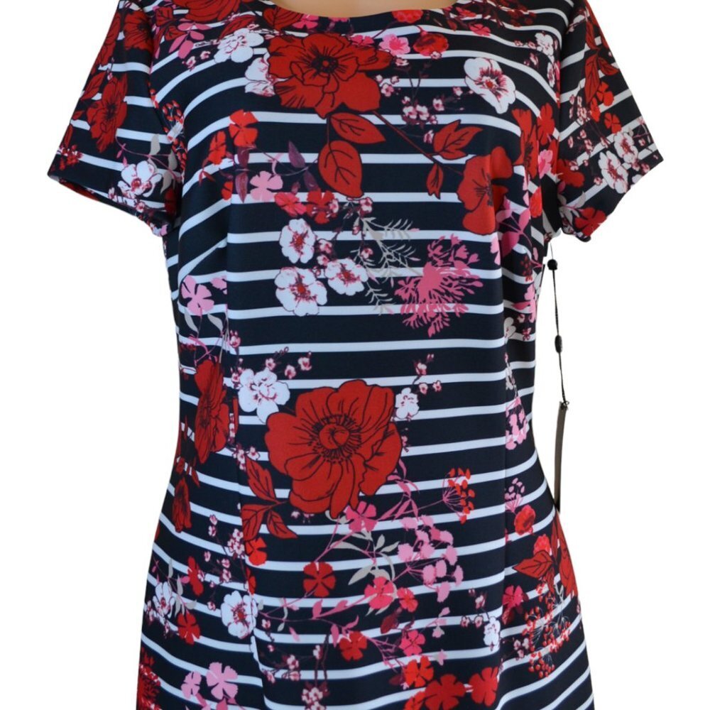 Adrianna Papell NWT Floral & Stripe Dress — Red / Pink / White on Black, Size 12 - Picture 4 of 15